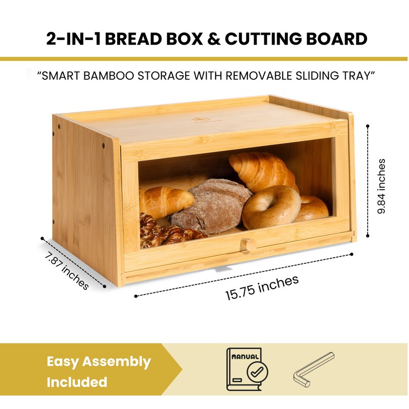 KuraHouse Bamboo Bread Box with Sliding Lid – Large Bread