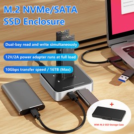 MiliPow Dual Bay M.2 NVME SATA SSD Enclosure, USB 3.2 10Gbps HUB PCIE NVMe Docking Station, Up to 16TB, Plug and Play, with M.2 SSD Storage Case