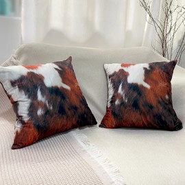 Hunpas Brown Cowhide Throw Pillow Covers, 18"x18" Short Plush Cow Print Farmhouse Pillow Covers for Home, Sofa, Couch, Living Room, Outdoor. Set of 2 Square Christmas Western Pillow Covers Modern