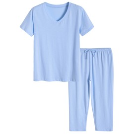 Latuza Women's Cotton Pajamas Set Tops and Capri Pants Sleepwear M LightBlue