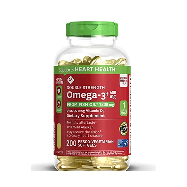 Member's Mark Enteric Double Strength Fish Oil 1200mg Softgels 600mg Omega-3 EPA DHA Plus Vitamin D3 2000 Iu (1 Bottle (200 softgels))