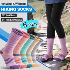 Merino Wool Hiking Socks for Women Men Warm Thermal Winter Cozy Work Crew Socks Gifts Stocking Stuffers 5 Pairs（Beige/Purple/Pink/Grey/Blue,M)
