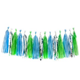 DOUSUI Blue Silver and Green 15 Pieces Paper Tassel Garland Banner Tissue Tassel DIY Hanging Paper Decoration