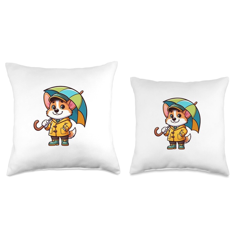 Corgi Umbrella Dog Funny Raincoat Throw Pillow