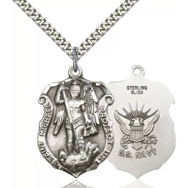 Bliss Sterling Silver Saint Michael Navy Military Medal Pendant Necklace 24" Chain