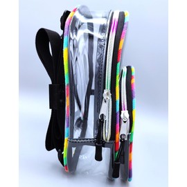Clear Small Mini Backpack for Stadium Events, Concerts, Festivals, Stadium Approved, Size 9"H x 7"L x 3.5"W, Rainbow Canvas, Colorful Zippers, Adjustable Straps, 2 Compartments, Carrying Handle