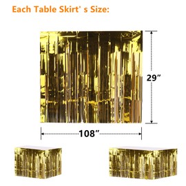 Yopay 27 Feet Pack of 3 Metallic Foil Fringe Table Skirt, Gold Shiny Tinsel Tassle Banner for Parade Floats, Mardi Gras, Bridal Shower, Wedding, Party Decoration, 108” X 29”/ Each Table Skirt