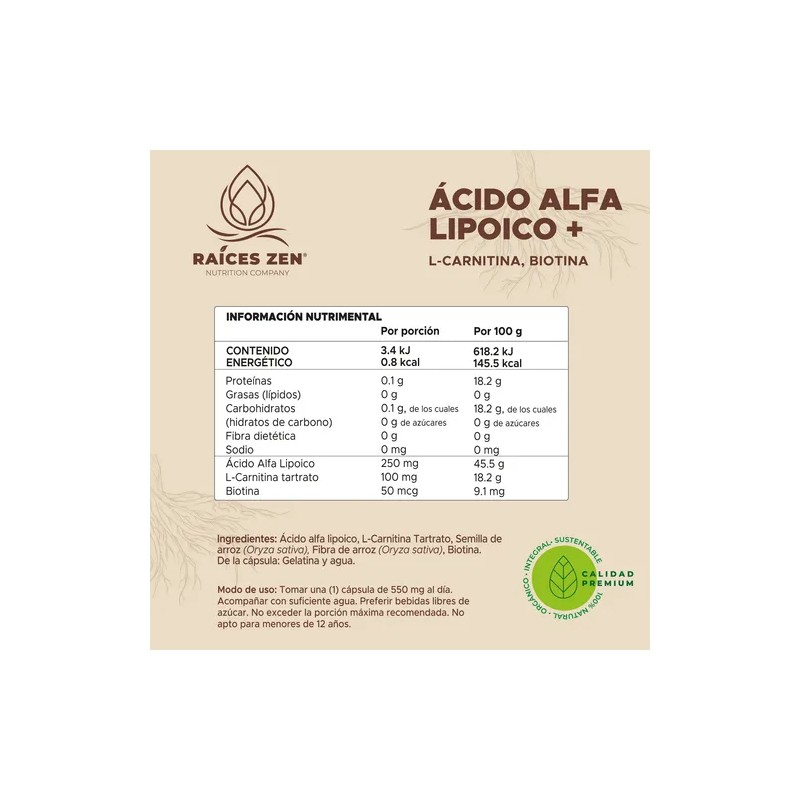 Ácido Alfa Lipoico L-carnitina Biotina 120 Cáps Raíces Zen