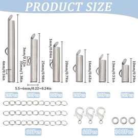 SOFPLATE 1 Box 540Pcs Slide End Tubes Jewelry Slider Tube Clasp with Jump Ring Lobster Clasp Chain Extender Silver Brass Mixed Findings Kits for Jewelry Making Beading Necklace Bracelet DIY Crafts