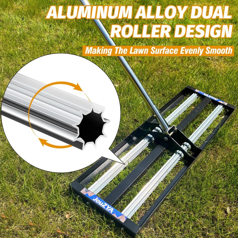 Jouzya Updated Lawn Leveling Rake with Aluminum Rollers, Stainless Steel