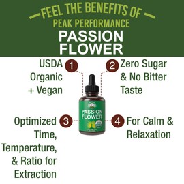 USDA Organic Passion Flower Extract Vegan Liquid Drops with High Bioavailability For Women and Men. Organic Passionflower Supplement With Zero Sugar and Gluten Free. For Calm, Relaxation Support.