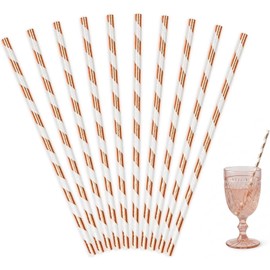 Decoraparty 10 Cannucce in Carta Oro Rosa e Bianche h 19,5 cm, per Festa Compleanno, Party, Eventi, Bevande, Drink, Cocktail, Eleganti, Rose Gold Straws - Altezza 19,5 cm