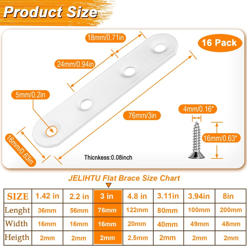 16 Pack 3 inch White Flat Bracket Straight Brace -