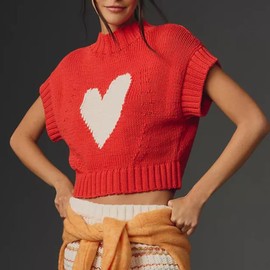 CocMouse Womens Cap Sleeve Sweater Tank Tops Cute Heart Print Mock Neck Sweater Vest Knitted Pullover Top Valentine's Day Outfits (Red, S)