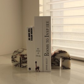 Set of 2 Natural Calacatta Viola Marble Bookends for Shelves, Decorative Book Ends for Heavy Books, Book Stopper Office Bookshelf Decor for CDs/Video Games