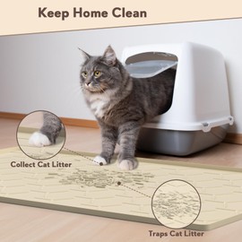 Garoopion Silicone Cat Litter Trapping Mat, Large Waterproof 34" X 22" Cat Litter Box Mat, Easy to Clean, Beige