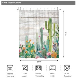 Riyidecor Cactus Shower Curtain Tropical Succulent Desert 60Wx72H Inch Rustic Wooden Board Blossom Plant Flowers Cute Southwest Simple Modern Fabric Decor Bathroom Polyester Waterproof 12 Pack Hooks