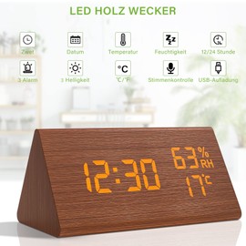 VORRINC Alarm Clock Digital Alarm Clock Wood Effect Alarm Clock Table Clock with Voice Control / Date / Indoor Temperature and Humidity, 3 Adjustable Alarm Groups for Home, Children, and Office