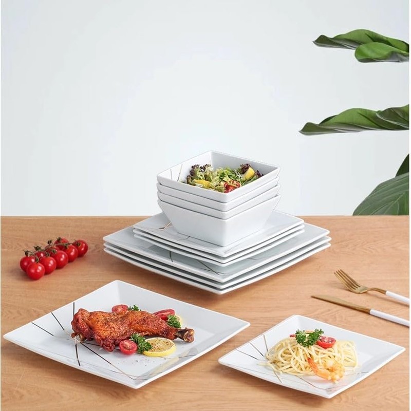 DOMINI 12-Piece Kitchen Dinnerware Set, Service for 4, Porcelain Dishes