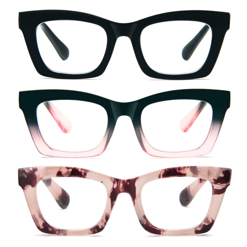 MMOWW 3-Pack Rechteckige Lesebrillen Für Frauen, übergroße, Quadratische Rahmen, Anti-Blaulicht-Brille