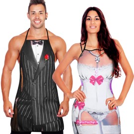 2 Piece Funny Gift Set for Men Women Novelty BBQ Apron Muscle Cooking Aprons Adjustable Waterproof Kitchen Apron for Christmas BBQ Party Adults Couples, Wedding style