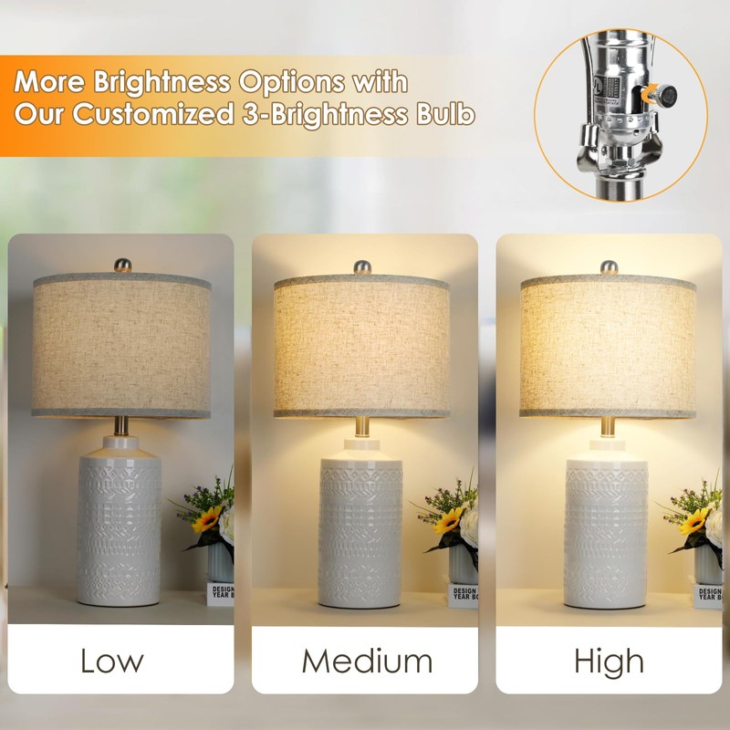 JUNNAI White Ceramic Table Lamp with Beige Shade: 3-Way Dimmable