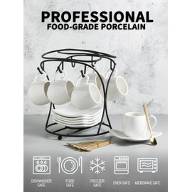 LYEOBOH Espresso Cups with Saucers Set, Porcelain Coffee Cups and Metal Stand and Spoons, Small Demitasse Cups for Espresso, Latte, Cafe Mocha, Cappuccino, and Tea, 3 OZ, Set of 6, White