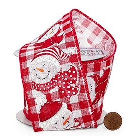 Snowman Wired Christmas Tree Ribbon - 2 1/2" x 10 Yards, Red & White Buffalo Plaid, Jolly Snowmen, Decoration, Wreath, Garland, Gift Wrapping, Presents, Bows, Winter