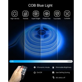 ALITOVE COB Dimmable LED Strip Lights Blue 12V 16.4ft High Density 1600LEDs Diffused LED Light Strip Flexible Strong Self-Adhesive LED Tape Light with RF Remote for Game Room Car DIY Lighting Project