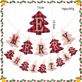Merry Christmas Banners,Christmas Burlap Banners,Red-White Plaid,14 Pieces,Burlap Hessian Bunting Hanging Decorations,for christmas Party Decorations Outdoor Indoor