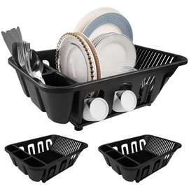 KOOMADE 2-Pack Large Dish Drying Rack for Kitchen Counter -Dish Drainer Set with Drainboard Heavy Duty Plastic Counter Organizer for Dishes, Cups, Knives, Spoons and Forks, Made in USA (Black)