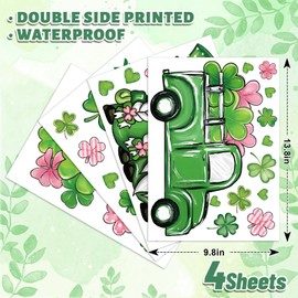 FYSUIMU St. Patrick's Day Gnome Window Cling Stickers Pink Green Shamrock Clover Truck Reusable Window Decals for Irish Holiday Party Home Office Classroom Decor, 4 Sheets