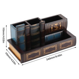 Pen Holder Pot, Decorative Library Books Design, Wooden Desk Pen Holder Stand, Multipurpose Pencil Cup Pot, Office Supplies Caddy, Pencil Holder Organiser with Bottom Sc