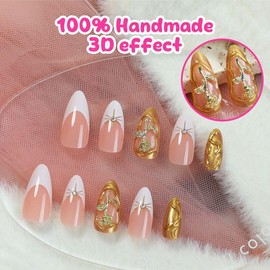 Almond Press on Nails Medium Fake Nails Gold False Nails Flower Glue on Nails for Women Manicure 24Pcs
