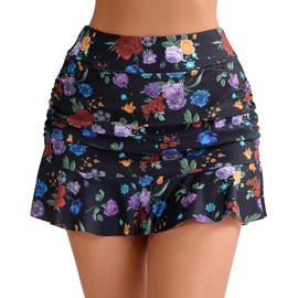 Halcurt Women's High Waisted Ruched Ruffle Swim Skirts with Short Tummy Control Bikini Bottoms Swimsuit Black Floral S
