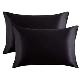 Satin Pillowcase for Hair and Skin 2 Pack, Softer than silk, Black Silky Pillow Cases Set, Breathable Anti Wrinkle Smooth Pillow Cover with Envelope Closure Queen Size (50 x 75 cm)