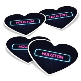 Vinyl Heart Stickers (Set of 4) 10cm - Neon Sign Design Houston City Texas United States for Laptops, Tablets, Luggage, Scrap Booking, Fridges #350330