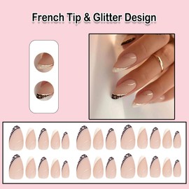 ANDGING French Tip Press on Nails Almond Short Black White Fake Nails with Glue Acrylic Curved Line Glue on Nails with Designs Gel Classy Manicure False Nail for Women Stick ons Nails for Wedding
