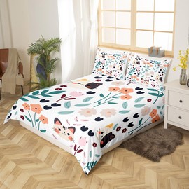 Manfei Kids Cute Cats Duvet Cover Set Twin Size, Botanical Floral Bedding Set 2pcs for Boys Girls, Cartoon Cat Leaves Flower Comforter Cover Soft Polyester Quilt Cover with 1 Pillowcase,No Comforter