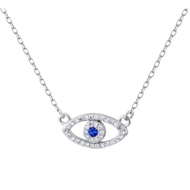 Crystal Pave Evil Eye Chain Choker Necklace in 925 Sterling Silver & 14K Rose Gold PVD - Jewelry Gift for Her (Silver)