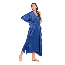 Gypsie Blu - Camisón largo de satén para mujer, talla grande, estilo kaftán, estilo kimono, Azul marino, Talla única Más
