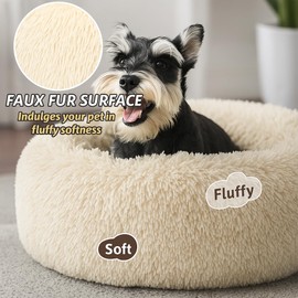 SEOUGEE Calming Donut Dog Bed, Fluffy Plush Round Cat Bed, Cosy Soft Washable Cushion Self-Warming Pet Beds with Non-Slip Bottom, Indoor Sleeping Cuddler Nest for Small Medium Dogs (Cream 60cm)