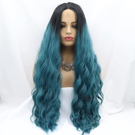 Xiweiya Deep Curly Hair Long Ombre Dark Blue Green Wavy with Black Roots Wig Synthetic Lace Front Wigs Middle Part Wig Long Soft Wig Hair Replacement Wig for Women, Drag Queen Makeup 24 inch