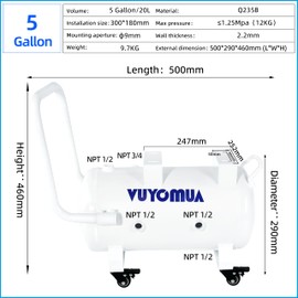 VUYOMUA 5-Gallon Horizontal Portable Storage Air Tank Carbon Steel Reservoir Tank with NPT Port and Rolling Caster (5 Gallon)