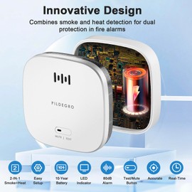Pildegro Smoke Detector 10 Year Battery, Upgraded Small Fire Alarm Smoke Detector with Heat Monitor for Dual Protection, LED Indicator Loud Alarm with Test/Mute Button and Replaceable CR123A Battery