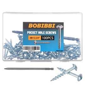 Bobibbi Pocket Hole Screws #8x1-1/4 Zinc, Coarse Thread Wood Screws 100Pcs, Washer Head with Square Drive, 150MM Drive Bit Included
