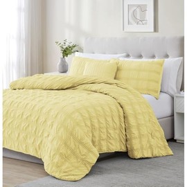 4-Piece Casual Eclectic Plush Boho Comforter Set Queen Size | Modern Bohemian Box Ruched Pattern Shabby Chic Bedding | Gorgeous Yellow Color Glam | Unique Super Soft Cozy Lush Sophisticated Design