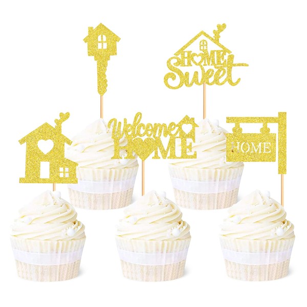 Ercadio Paquete de 30 adornos para cupcakes Sweet Home con purpurina dorada para bienvenida a casa, con cerradura de llave para inauguración de la casa, decoración de pasteles