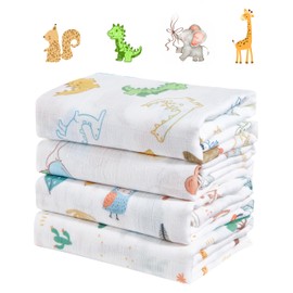 IBESTOPIA 4-Pack 100% Cotton Muslin Swaddle Blankets, Large 47 x 47 Inches — Breathable Soft Receiving Blankets for Newborns, Swaddling Wraps, Baby Essentials, Registry Gift (Wild Jungle Friends)
