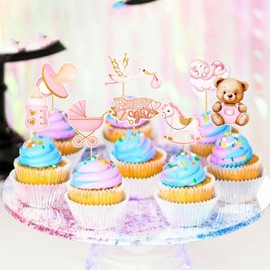 Keaziu - Paquete de 32 adornos para magdalenas, diseño de oso rosado, troyanos, baby shower, decoración de fiesta de cumpleaños, niña rosa